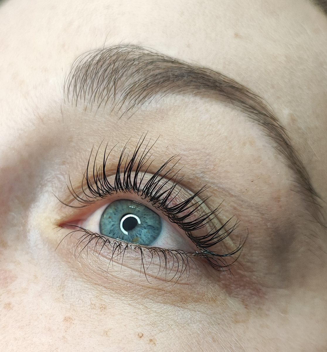 Geliftete, dunkel gefärbte Wimpern an einem blauen Auge